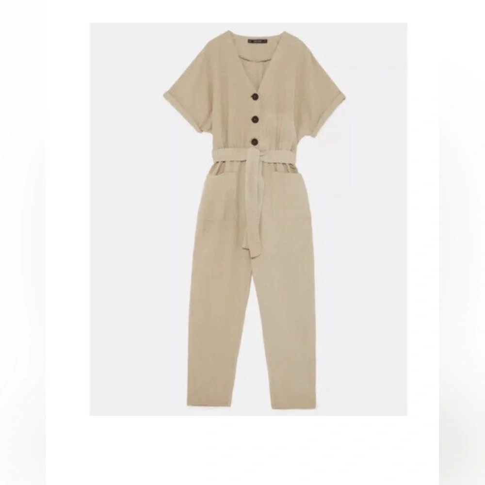 Zara Tan Linen Jumpsuit Size Large
